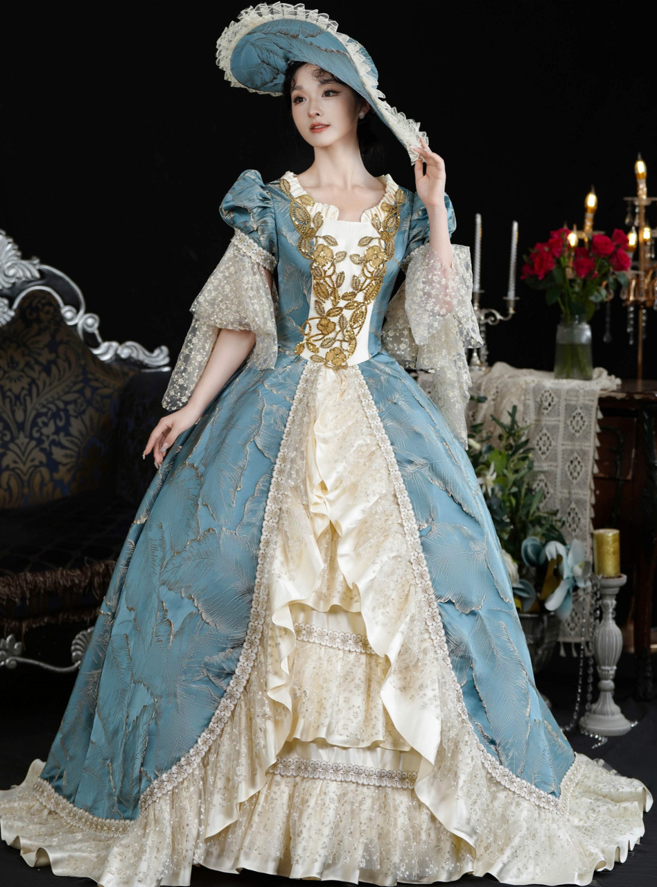 blue and white vintage dress Champagne Blue Lace Short Sleeve Rococo Baroque Vintage Dress