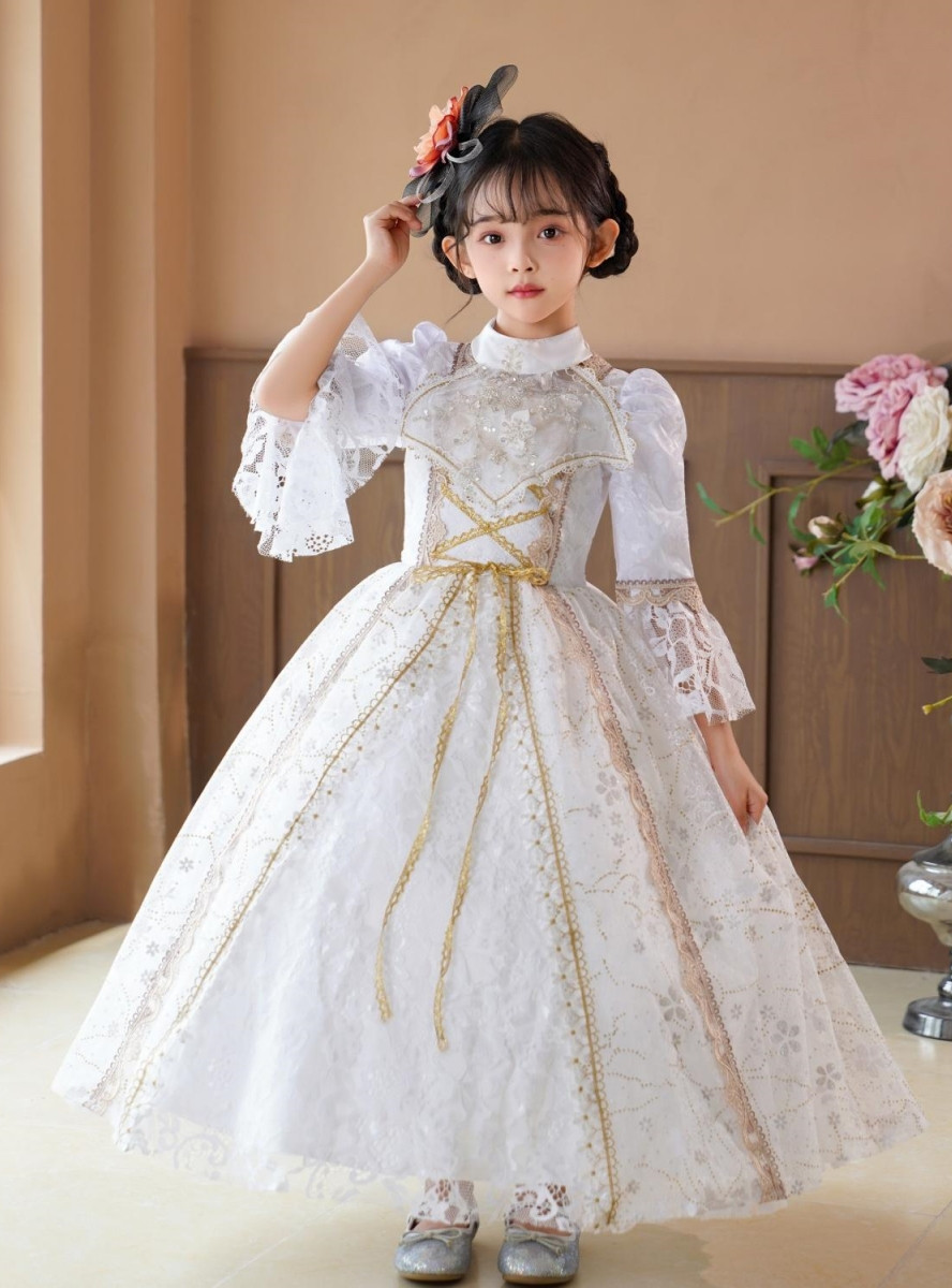 Rococo調 ホワイトゴールド ローズリース アーティフィシャル38cm White Lace Long Sleeve Rococo Baroque Dress