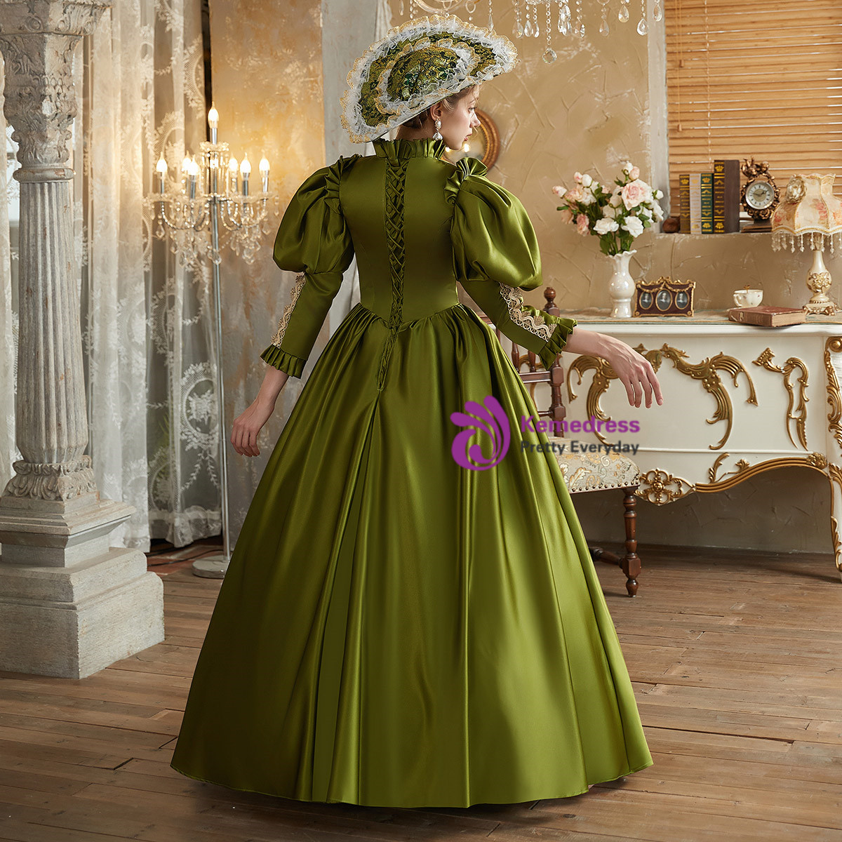 Green Satin Long Sleeve Lace Baroque Vintage Dress Green Satin Long Sleeve Lace Baroque Vintage Dress