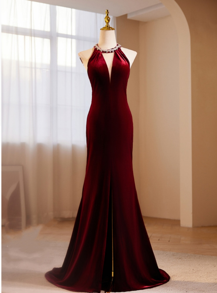 burgundy backless prom dresses Mermaid Spaghetti Straps Lace Backless Burgundy Prom Dress PG470 US14 / Burgundy