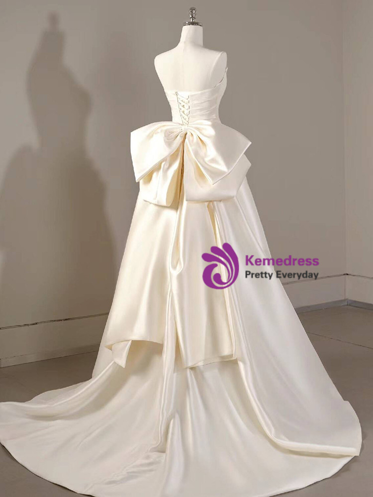 Girlhomeshops-Ivory white bow satin long wedding dress prom dress gh5389 main image 0