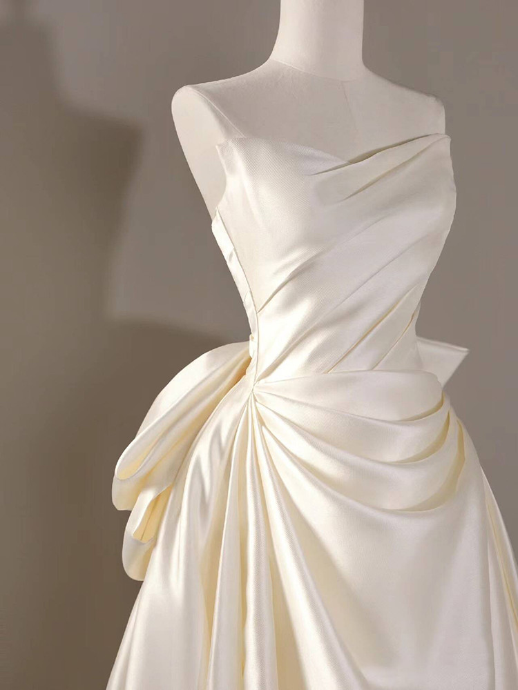 Pretty White Bow Strapless Satin Long Wedding Dress Formal Bridal Dress