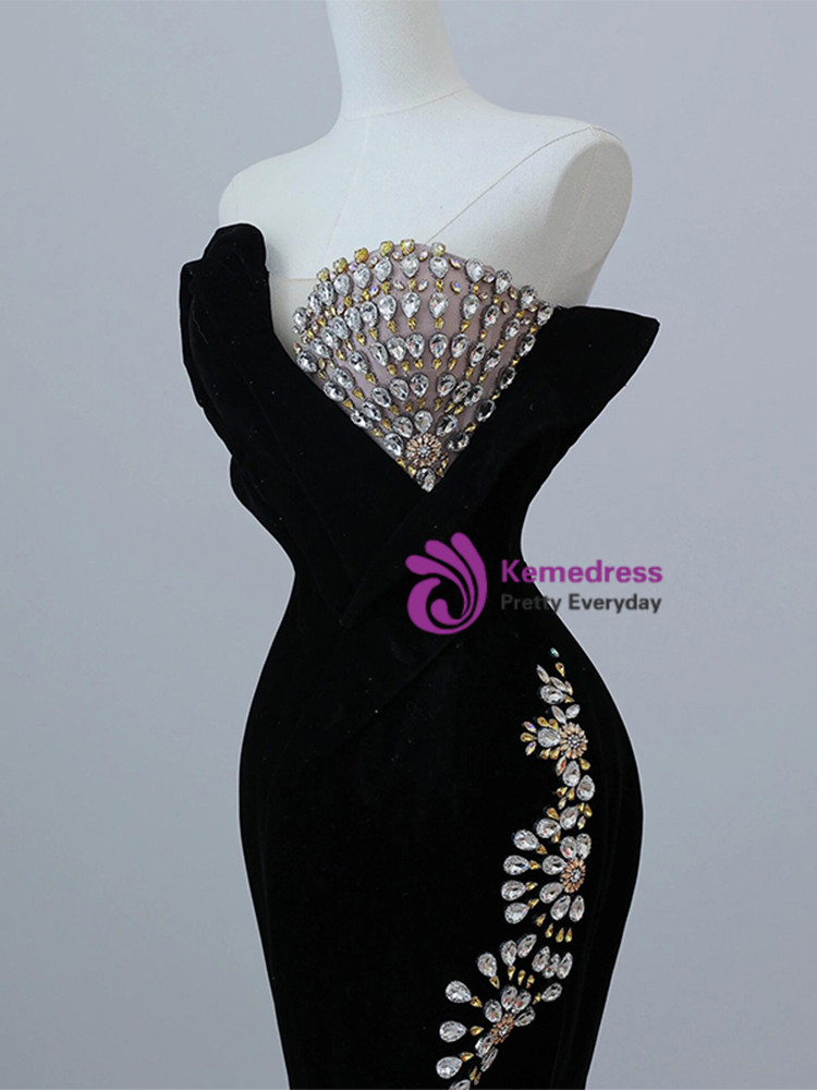 Elegant Black Prom Dress Velvet Strapless Sheath Evening Dress S1065