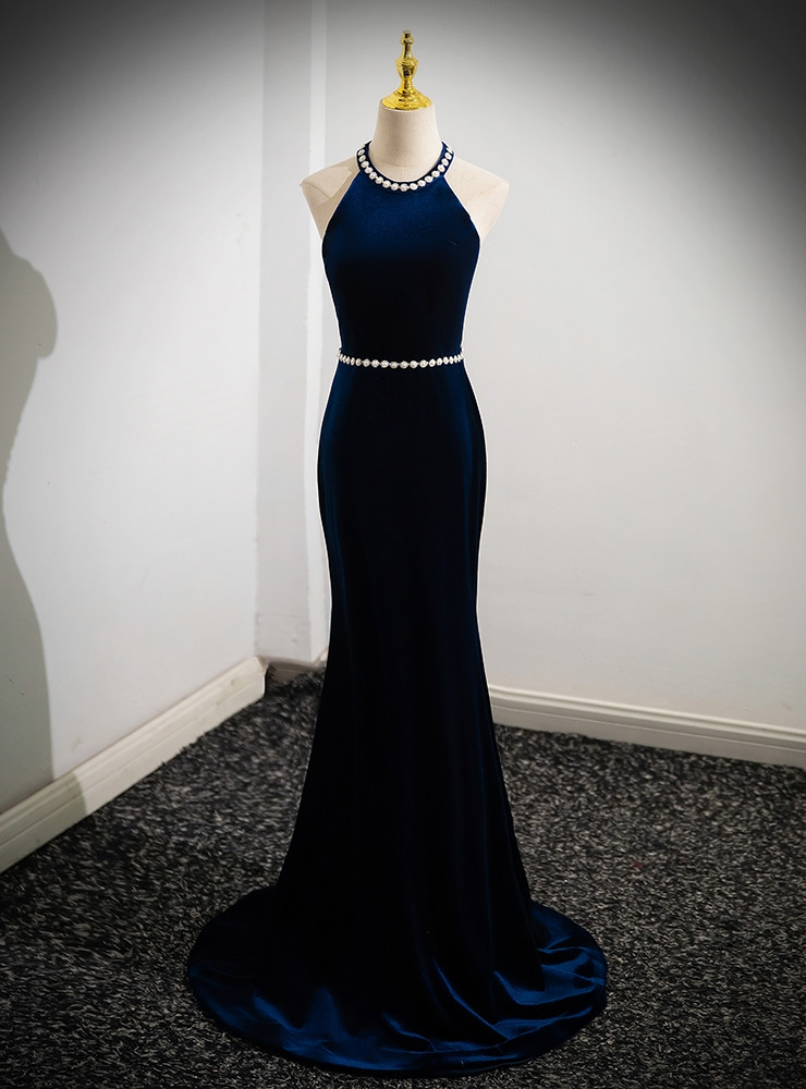 princess polly baby blue dress Amirah Elegant Mermaid Halter Backless Long Satin Formal Dresses, Navy Blue main image 1