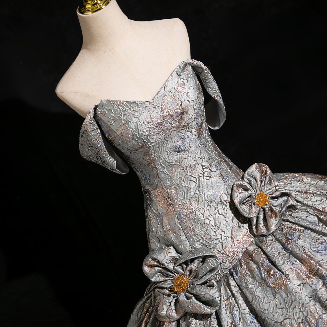 Gray metallic floral jacquard off shoulder mermaid prom dress with layered tulle skirt