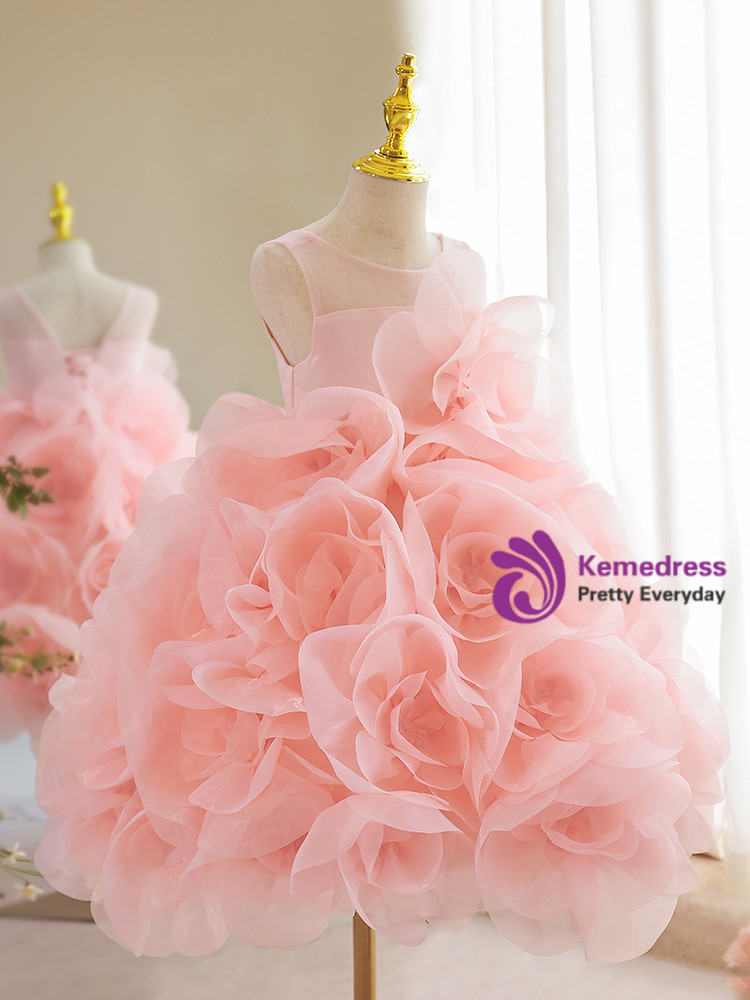 Princess Round Neck Maxi Tulle Flower Girl Dress in Pink