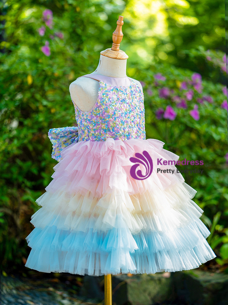 Sleeveless Round Neck Lace Sequin Tulle Flower Girl Dress Cute A-Line Flowy Dress with Bow Detail
