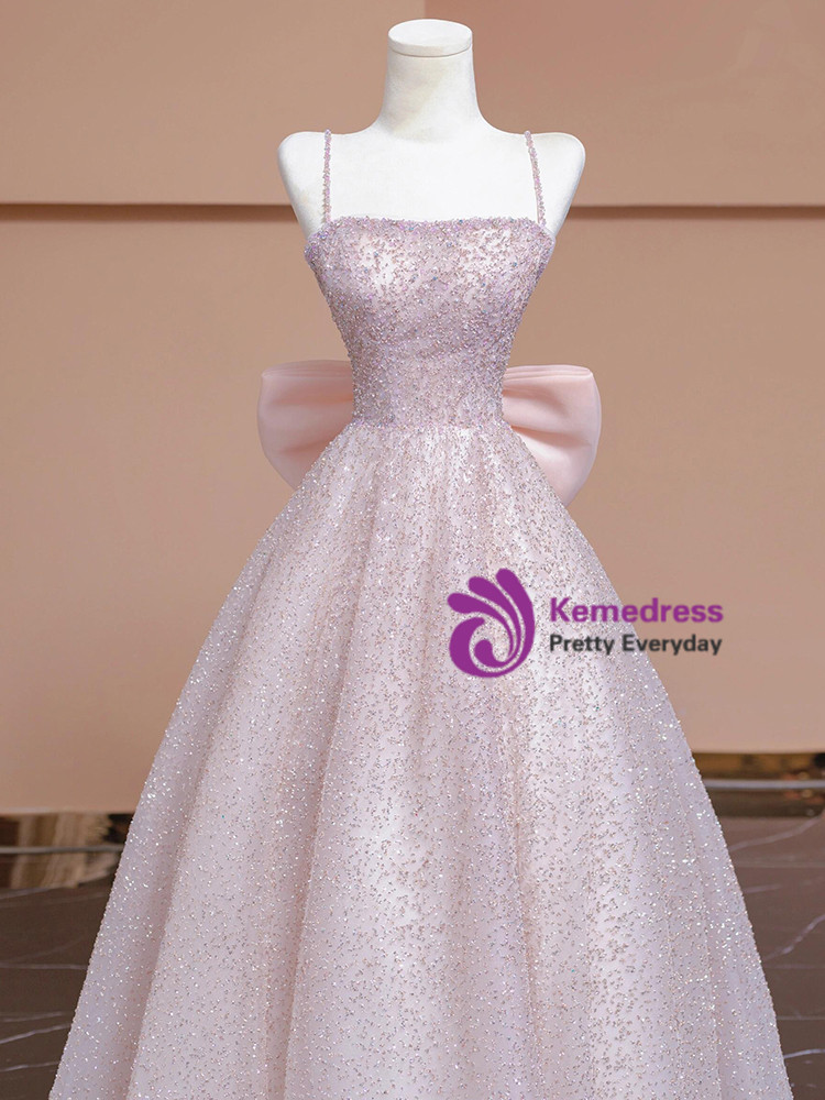 Elegant Pink Spaghetti Strap Prom Dress with Beading, Perfect for Special Occasions main image 0