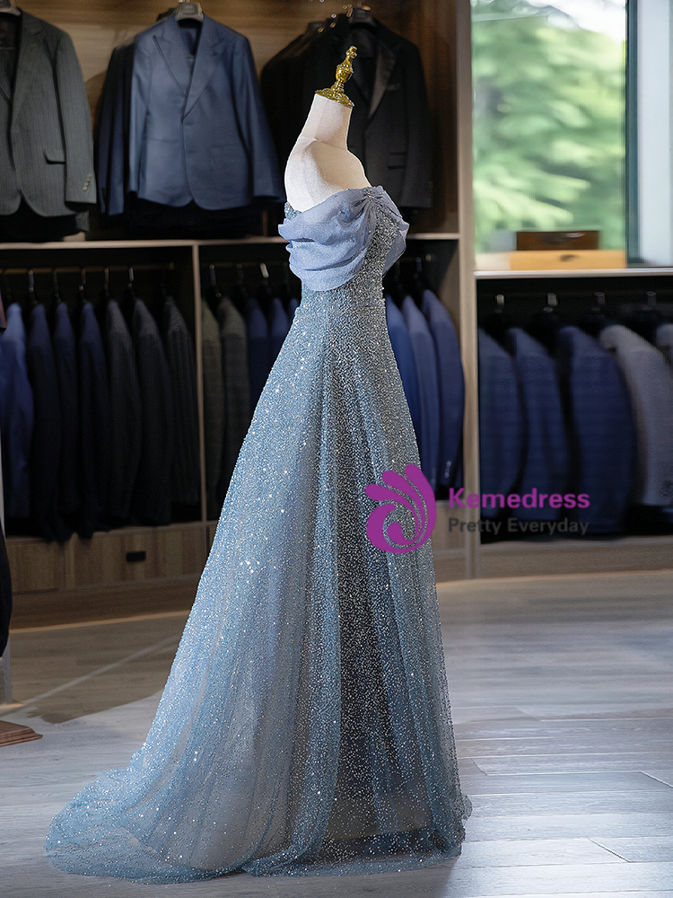 Gorgeous Off-The-Shoulder Sequins Tulle Prom Dress with Belt Beads main image 0