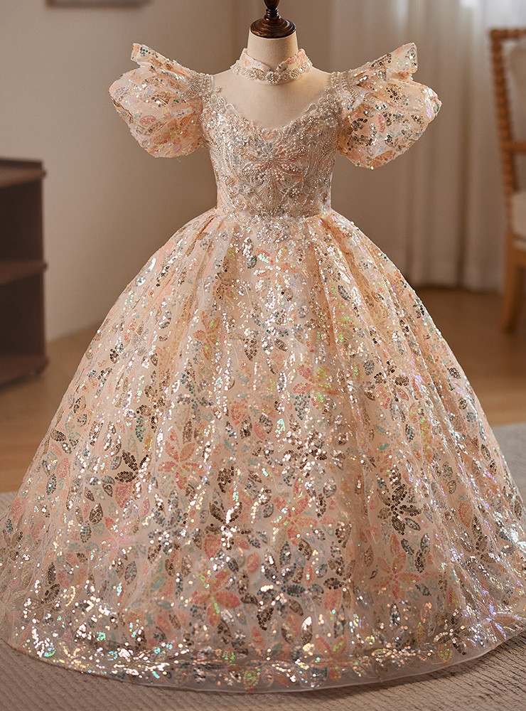 Champagne Ball Gown Sequins Puff Sleeve Flower Girl Dress