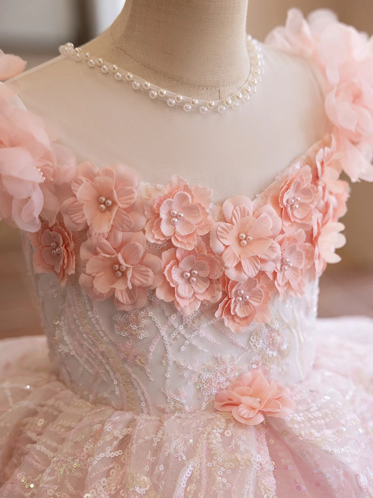 Pink flower girl dress with 3D flower and sequin tulle details