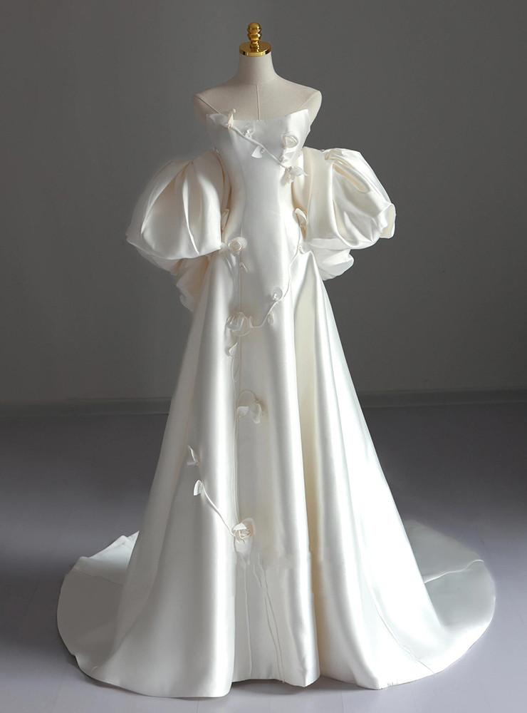 Ivory satin strapless A line wedding dress with 3D flowers