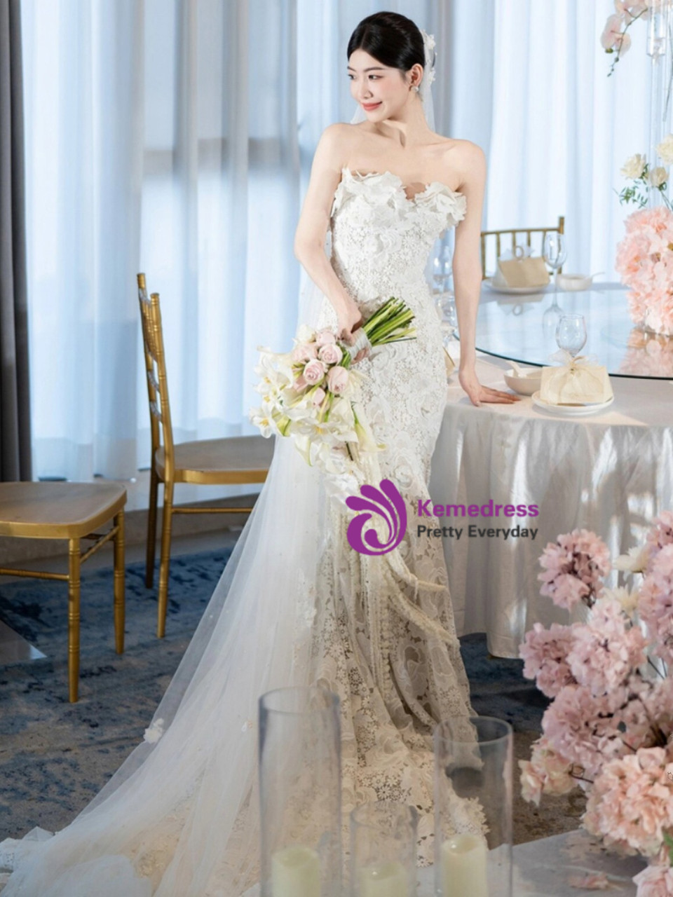 Gorgeous White Long Sleeves Mermaid Lace Wedding Dresses Bridal Dresses, DP5522 main image 0