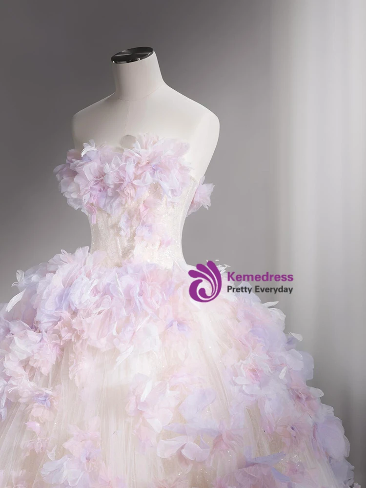 Strapless pastel floral wedding dress bodice with lavender and pink appliqués