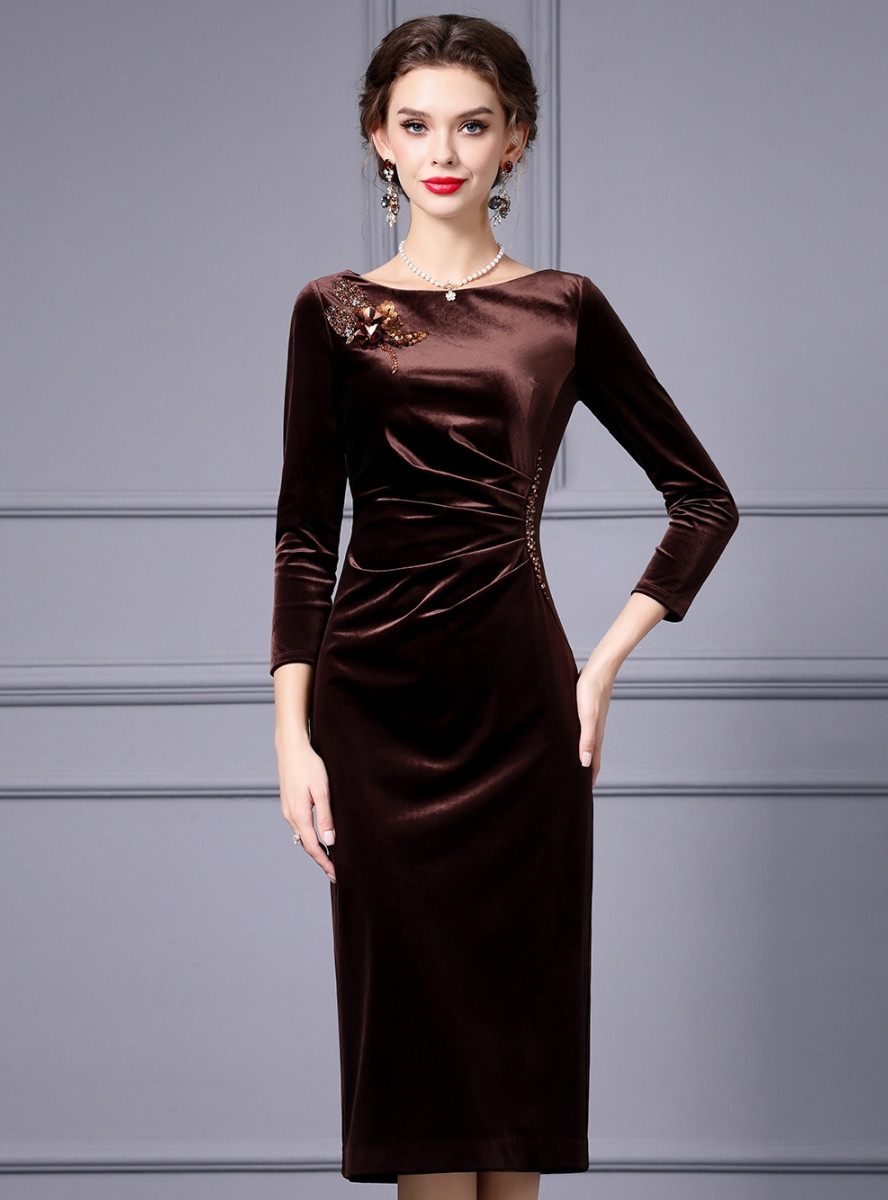 chinese dress ladies Dark Brown Velvet and Taffeta Maxi Dress with Ruffled Hem  shopaleena
