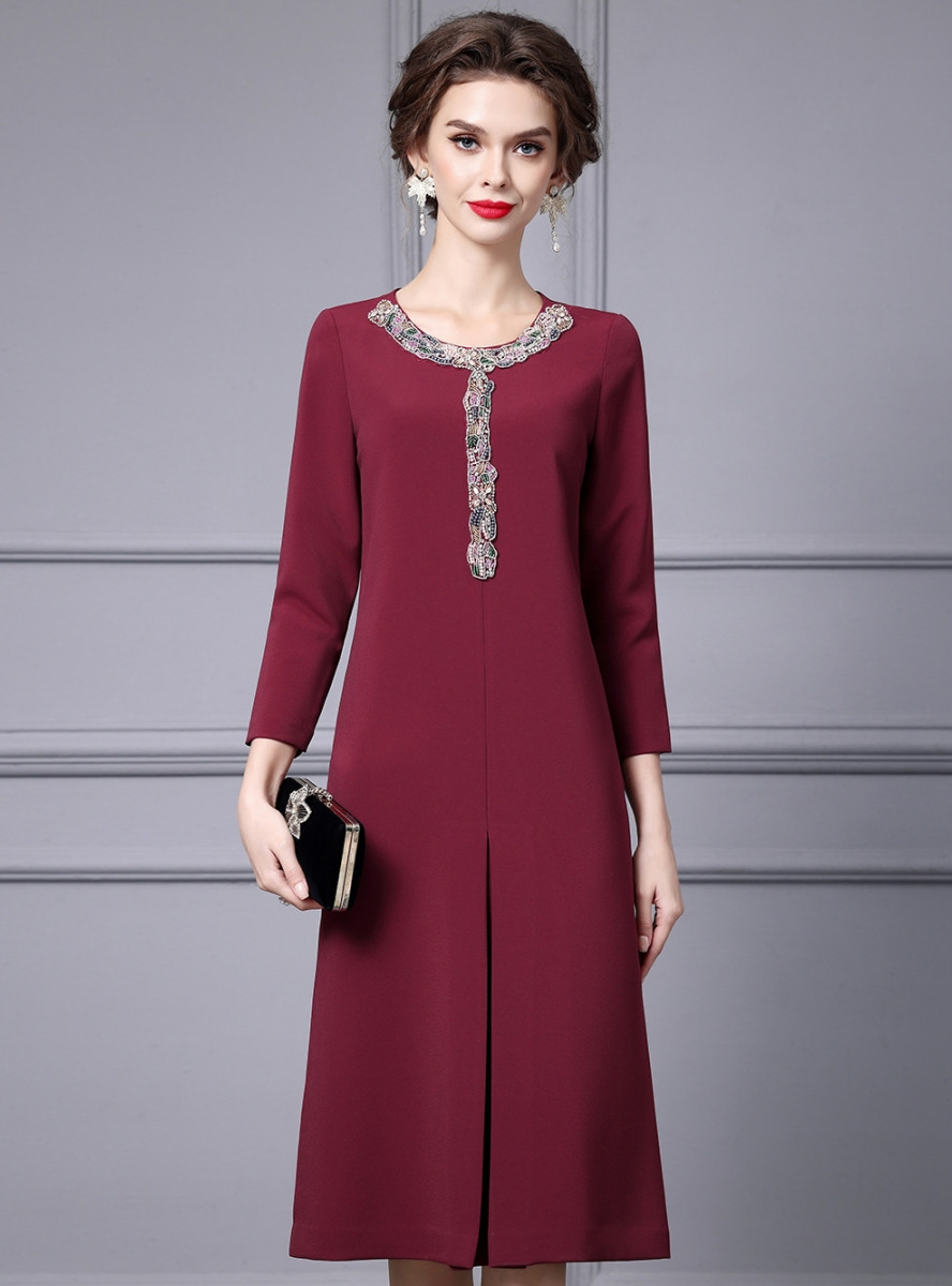 Burgundy Loose Long Sleeve Beading Mother Of The Bride Dress
