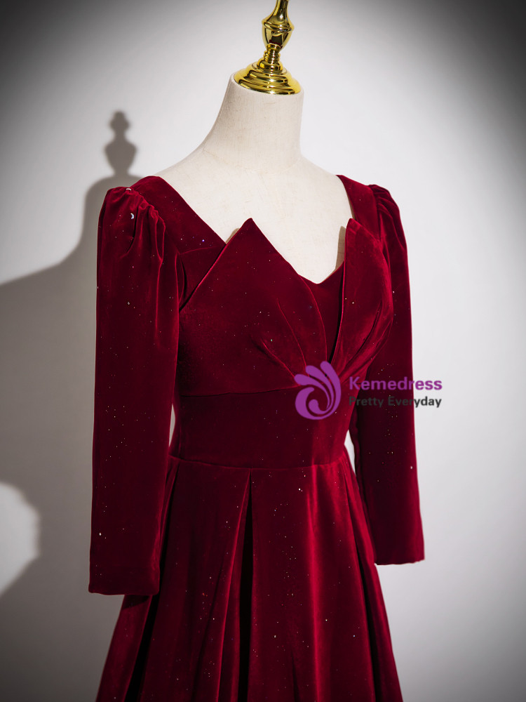 Burgundy Velvet Long Sleeve Square Formal Prom Dress