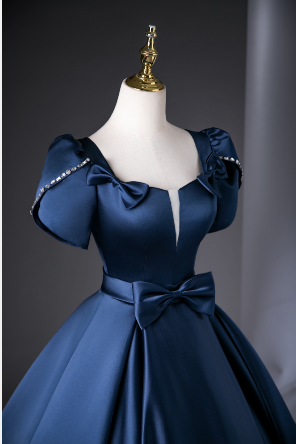 Short Dark Blue Quinceanera Dresses Navy Blue Satin Short Sleeve  Quinceanera Dress