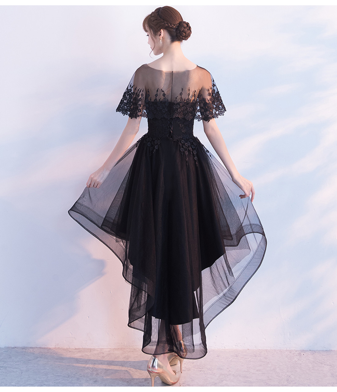 2017 New Elegant Black High Low Prom Dresses whit Jacket