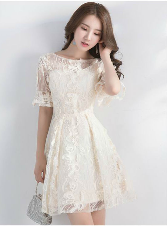 champagne prom dresses 2017 Short Prom Dresses 2017 Elegant O-neck Ruffles Half Sleeves Champagne Lace