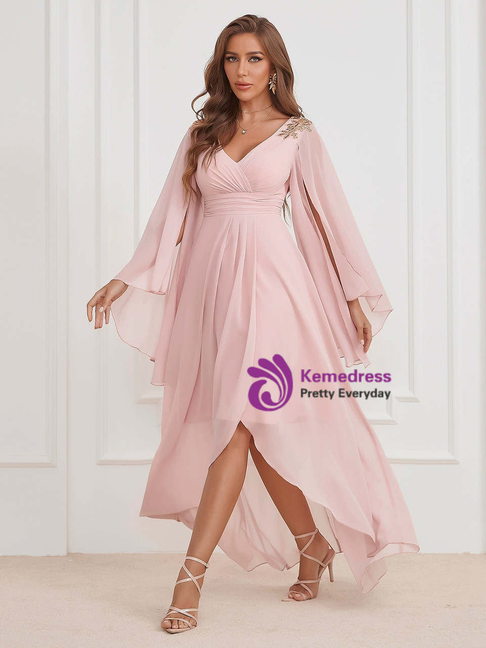 V-Neck Half Sleeve Short Pleated Chiffon Dress Candy Pink