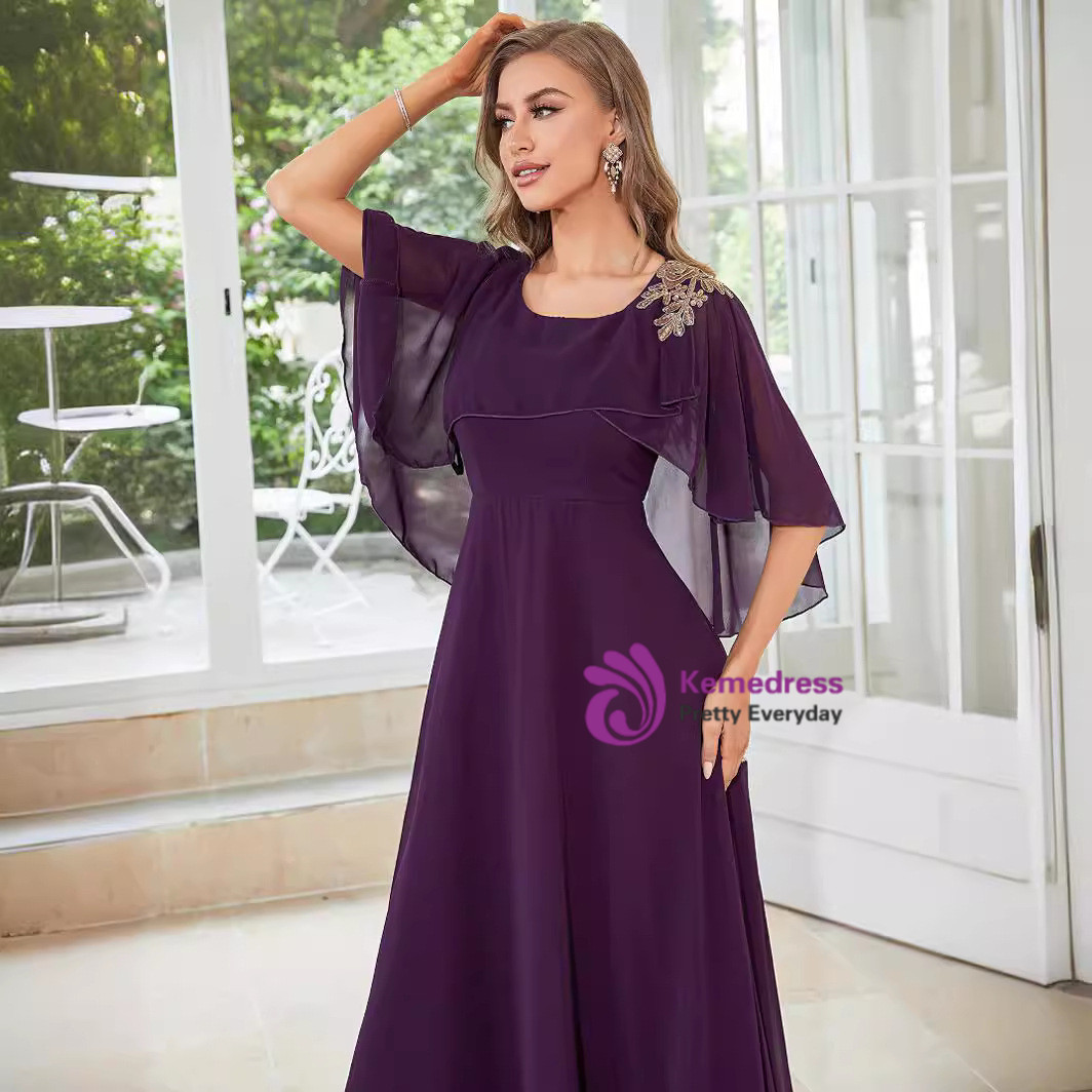 20242 Purple Stone Embroidered Chiffon Dress