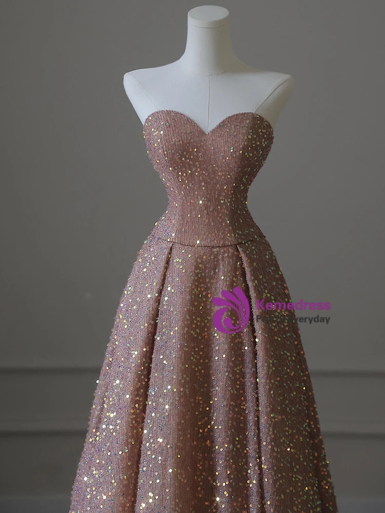 Dusty rose sequin prom dress sweetheart neckline and strap detail
