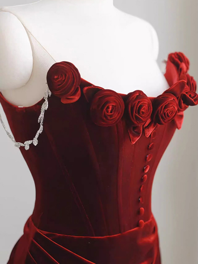 Burgundy velvet prom dress rose flower appliqué and bodice detail