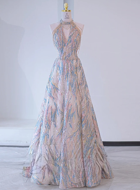 Champagne sequins halter beaded prom dress
