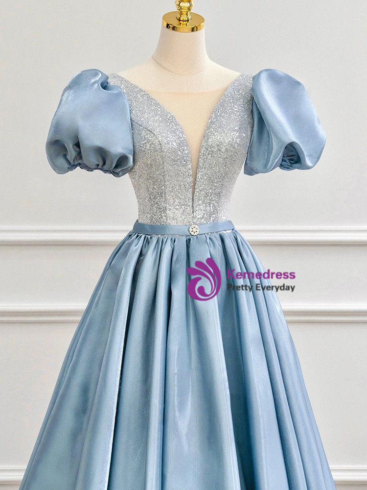 Blue Tulle Sequins Pleats Puff Sleeve Evening Prom Dress main image 1