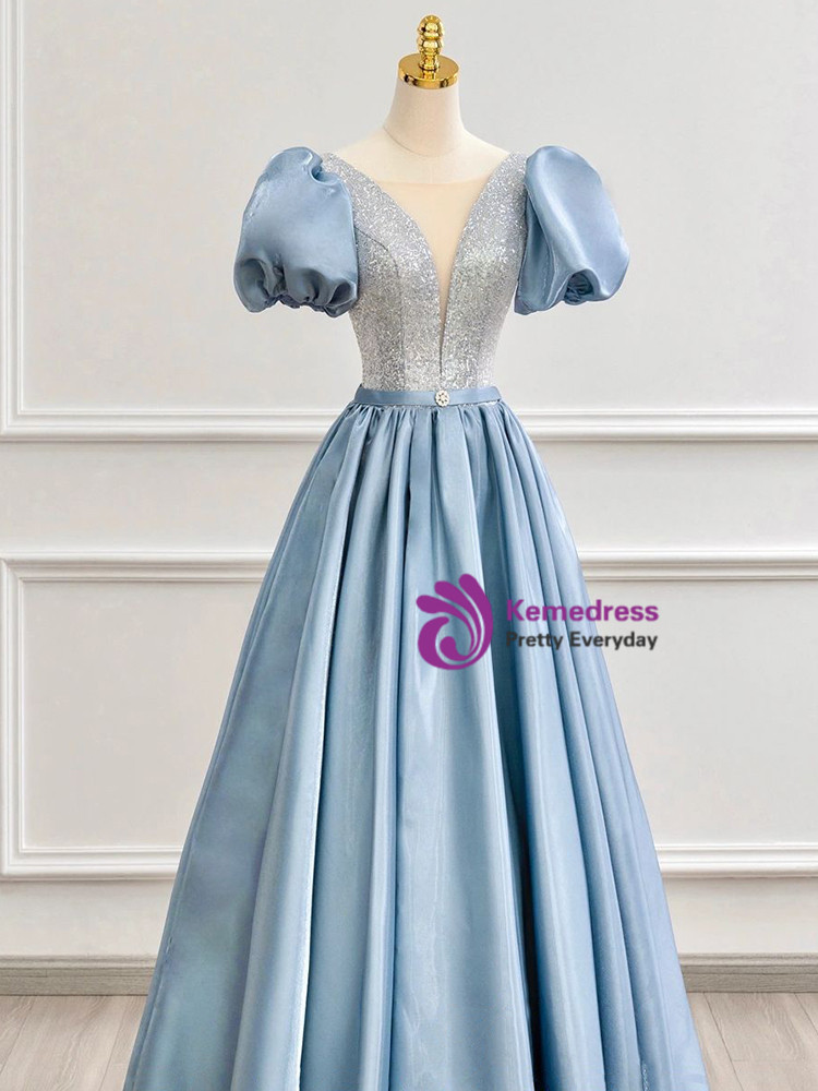 Blue Satin Beading Square Neck A Line Puffy Sleeve Prom Dress