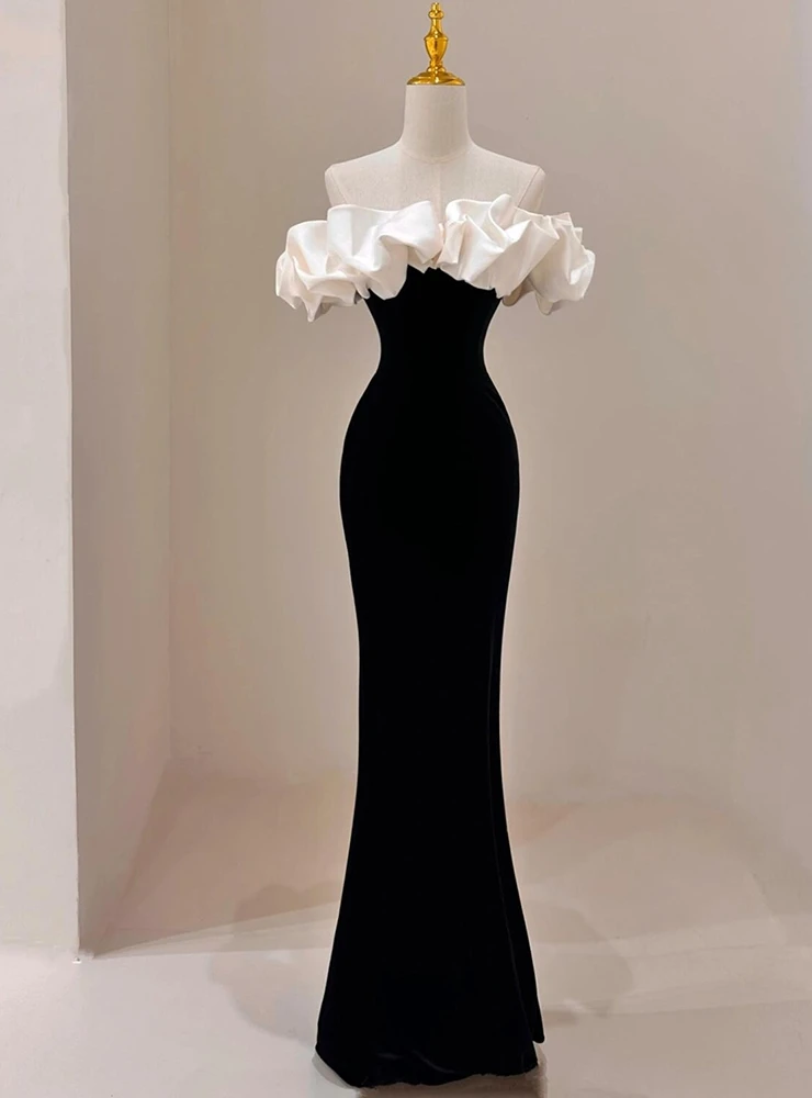 Black mermaid prom dress with white satin off shoulder detail