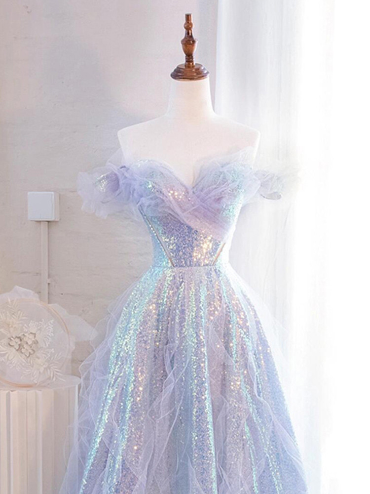 Lavender Off the Shoulder Tulle Vestidos De Noche Elegant Sleeveless Multilayer A-line Prom Dresses
