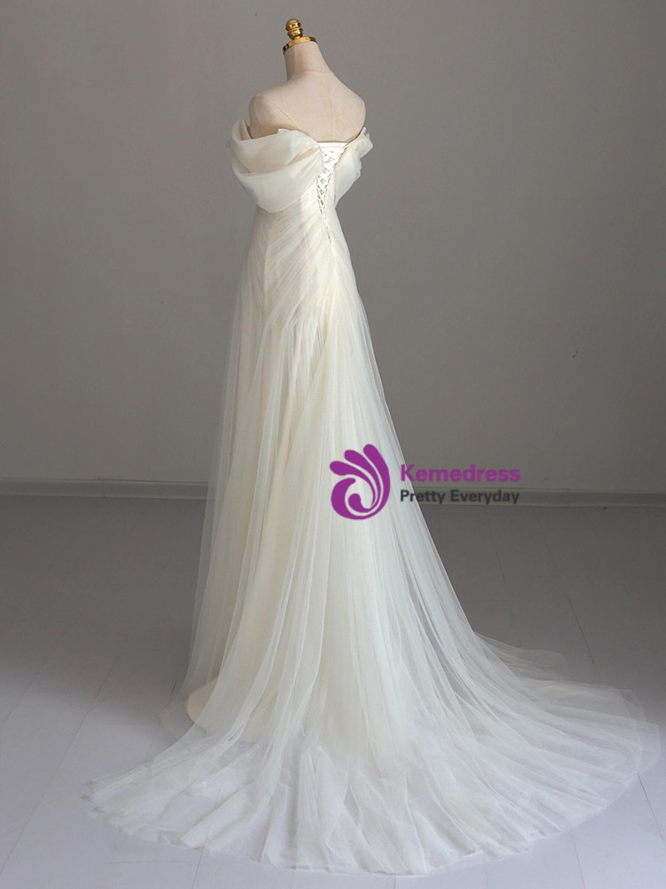 Simple Design Off Shoulder Long A-line White Tulle Wedding Dresses, WD0174