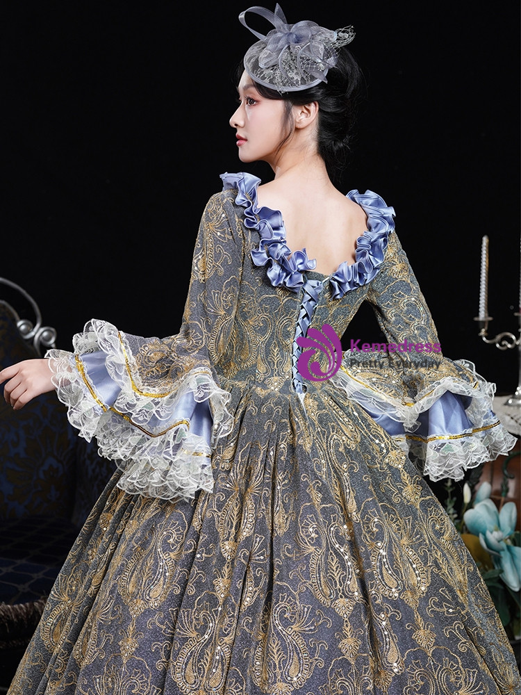 Square neck blue and gold vintage Baroque gown with brocade bodice
