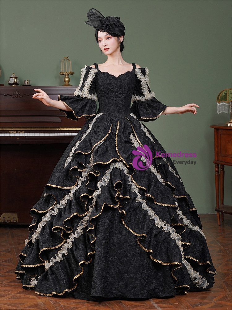 Black Ball Gown Short Sleeve Rococo Baroque Dress