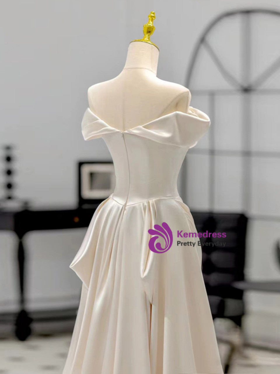 SATIN OFF SHOULDER DRESS IN IVORY