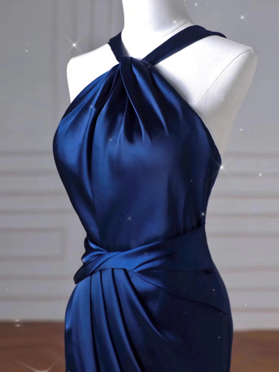 Pretty Halter Navy Blue Sequin Beaded Mermaid Long Evening Dress Birthday Party Dress