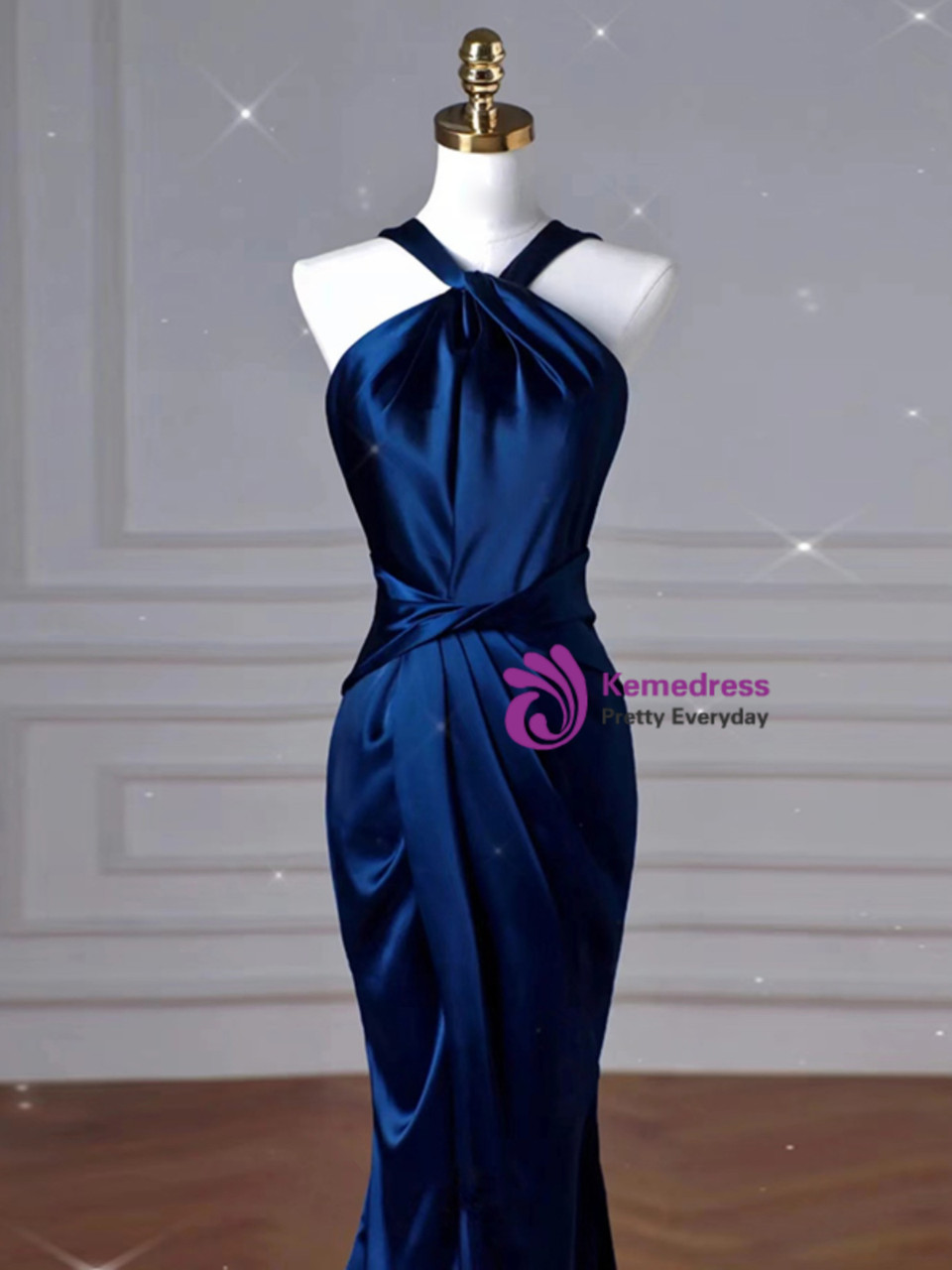Vintage Halter Green Beaded Satin Pleated Mermaid Prom Dress Party Dresses main image 0