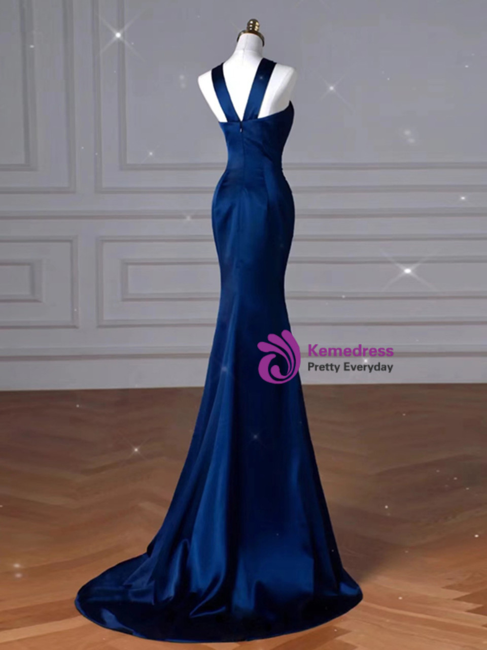 Blue Beaded Halter Mermaid Satin Long Formal Dress, Blue Satin Sweetheart Prom Dress main image 1