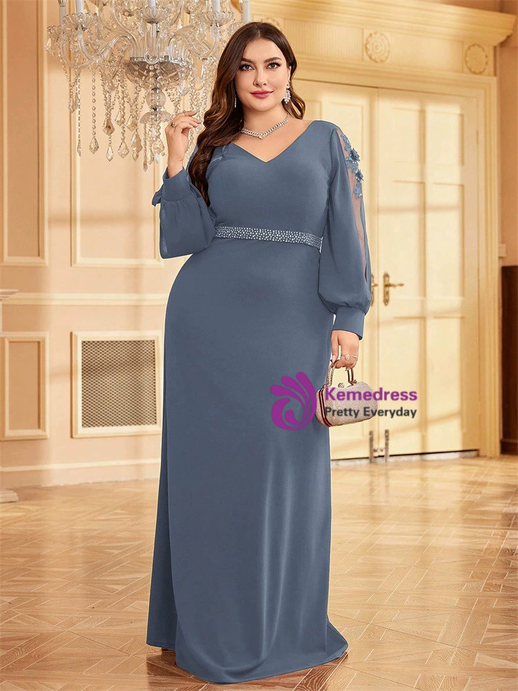 Plus Size Navy Blue Long Sleeve Prom Dress