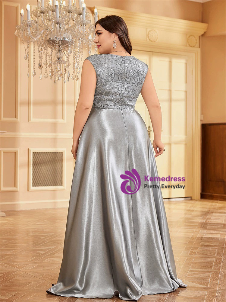 Gray satin floor length A line formal gown with V neck