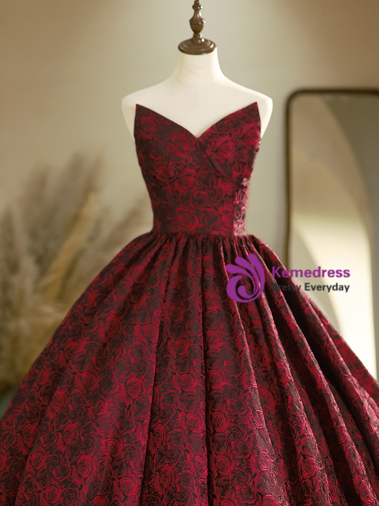Burgundy rose jacquard quinceanera dress detail