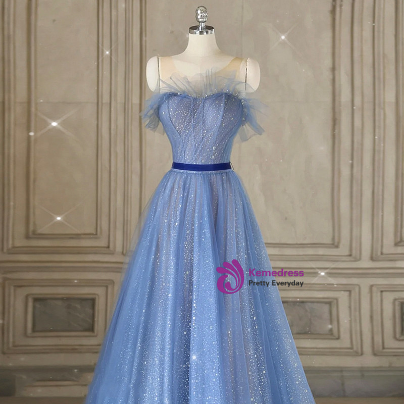 A-line Plunging Sleeveless V Back Court Train Blue Tulle Prom Dress, Beading Sequins main image 1