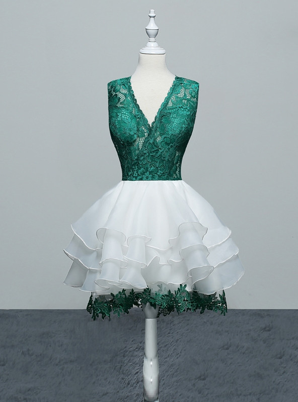 Green Lace White Tulle Homecoming Dress