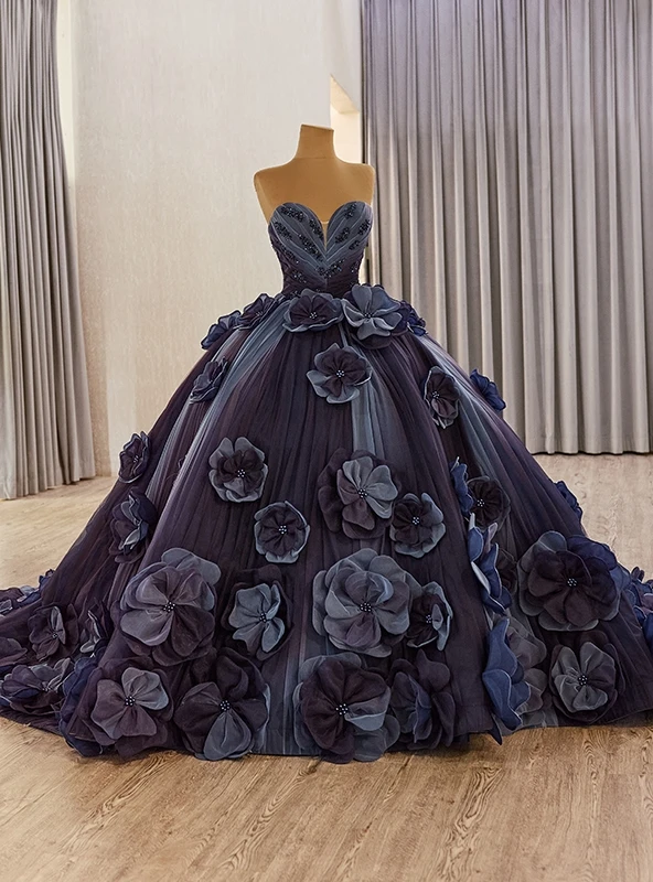 Navy blue tulle ball gown with dimensional 3D flowers and beaded sweetheart bodice