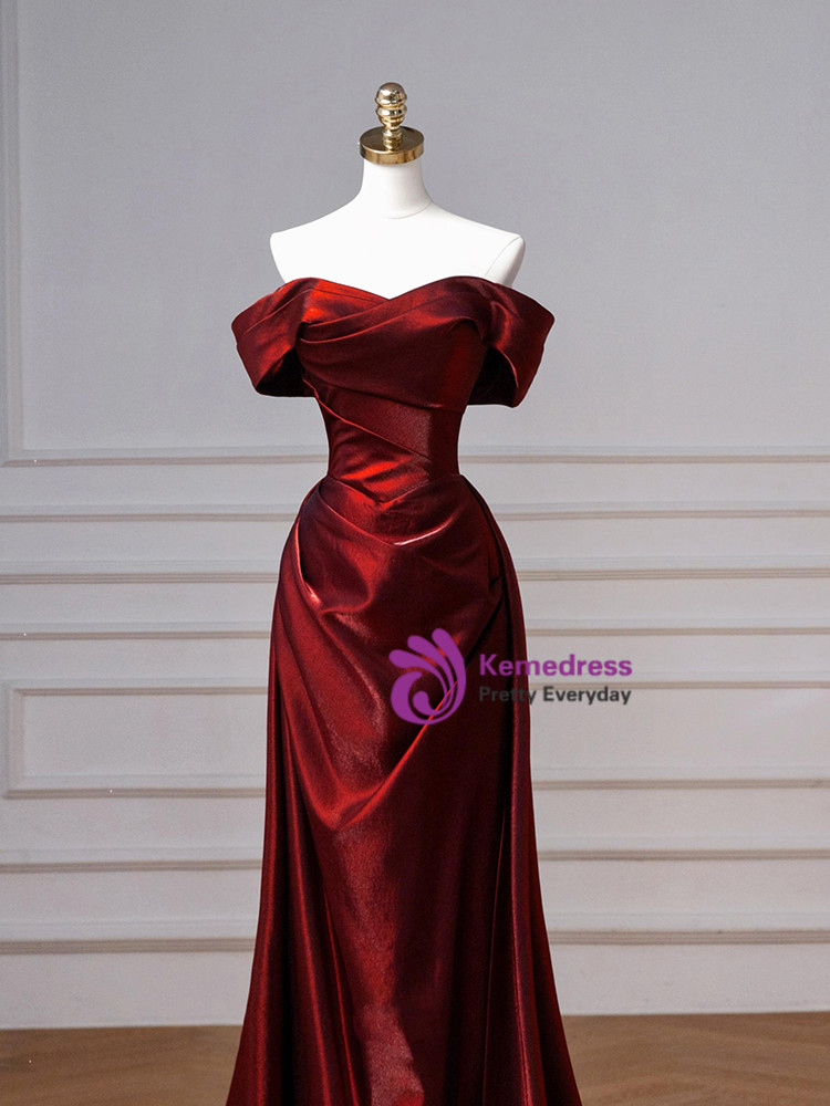 Off-shoulder Burgundy High Split Simple Cheap Prom Dress, PD0636