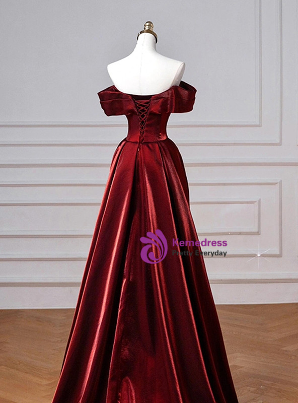 Simple Burgundy Off-the-shoulder Long Prom Dress Split Cheap Evening Dress main image 1