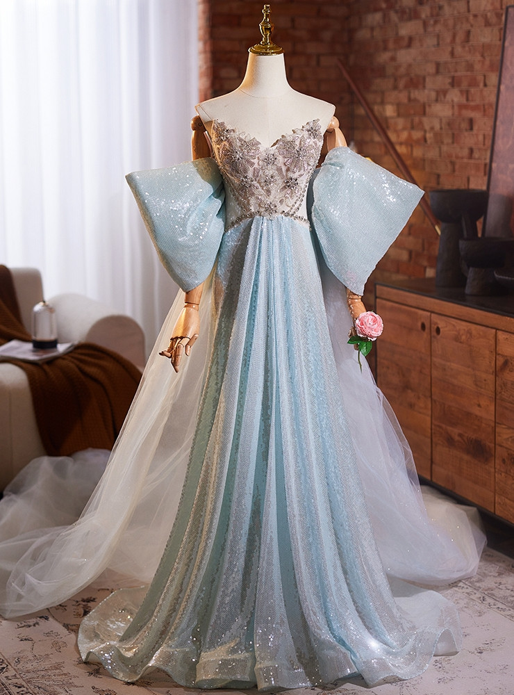 Light blue sequin strapless A-line prom dress with beading
