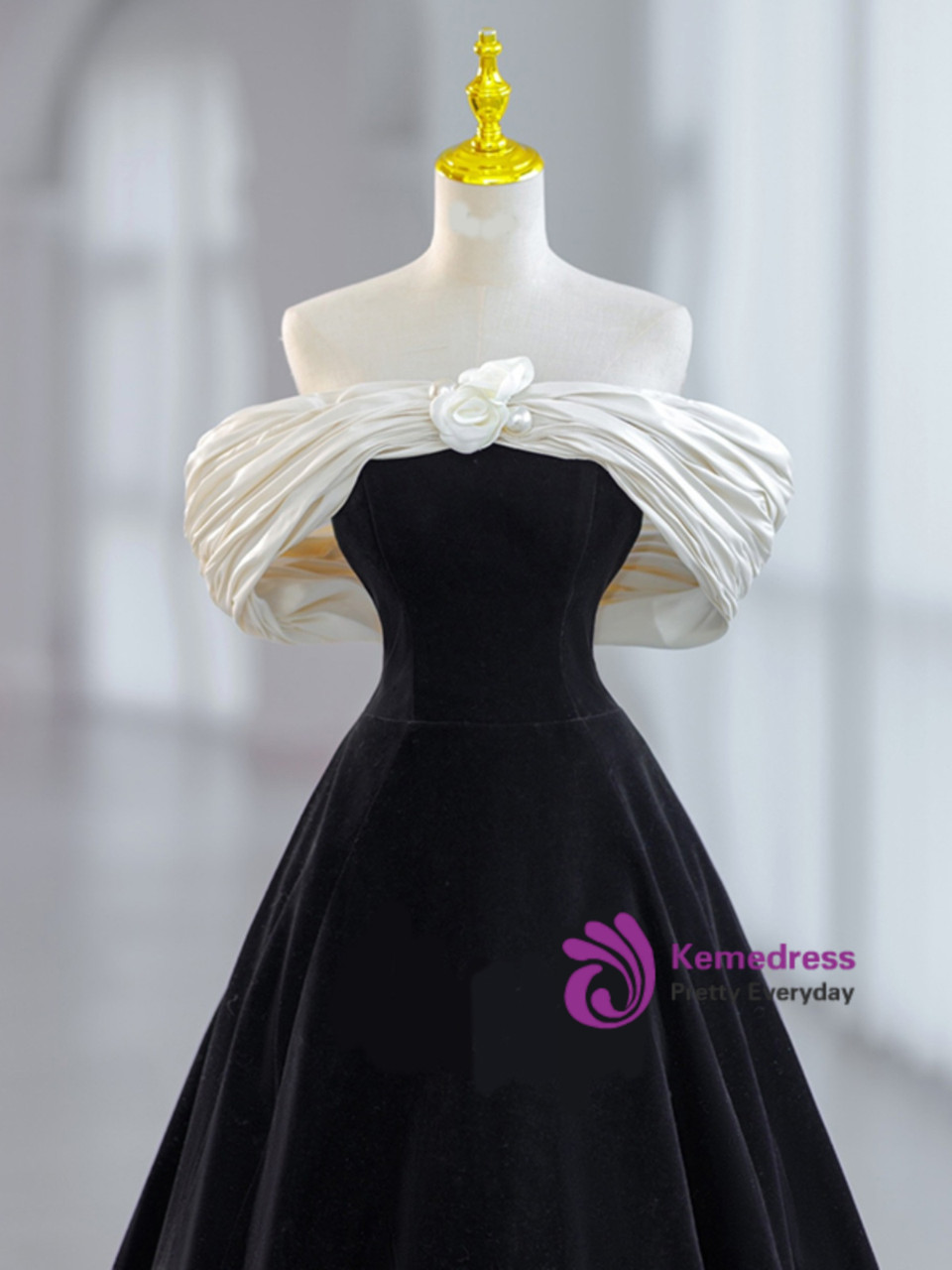 Brown Satin Black Velvet Off the Shoulder Formal Prom Dress